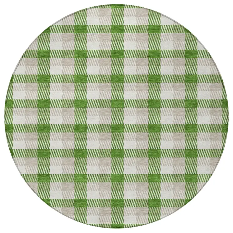 8' Emerald And Gray Round Plaid Washable Indoor Outdoor Area Rug