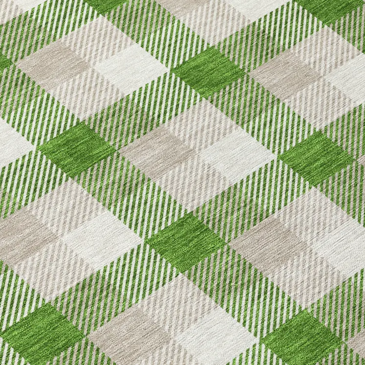 8' Emerald And Gray Round Plaid Washable Indoor Outdoor Area Rug