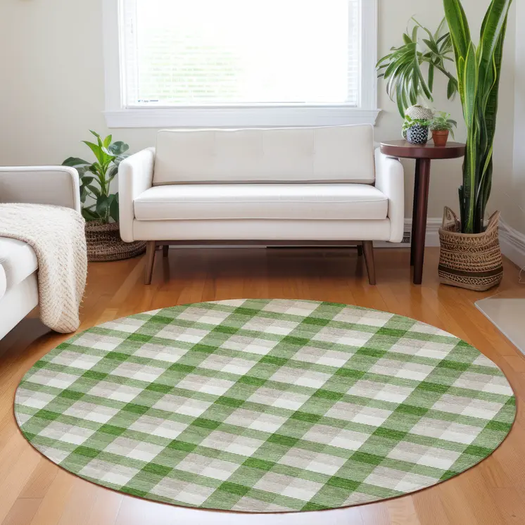 8' Emerald And Gray Round Plaid Washable Indoor Outdoor Area Rug