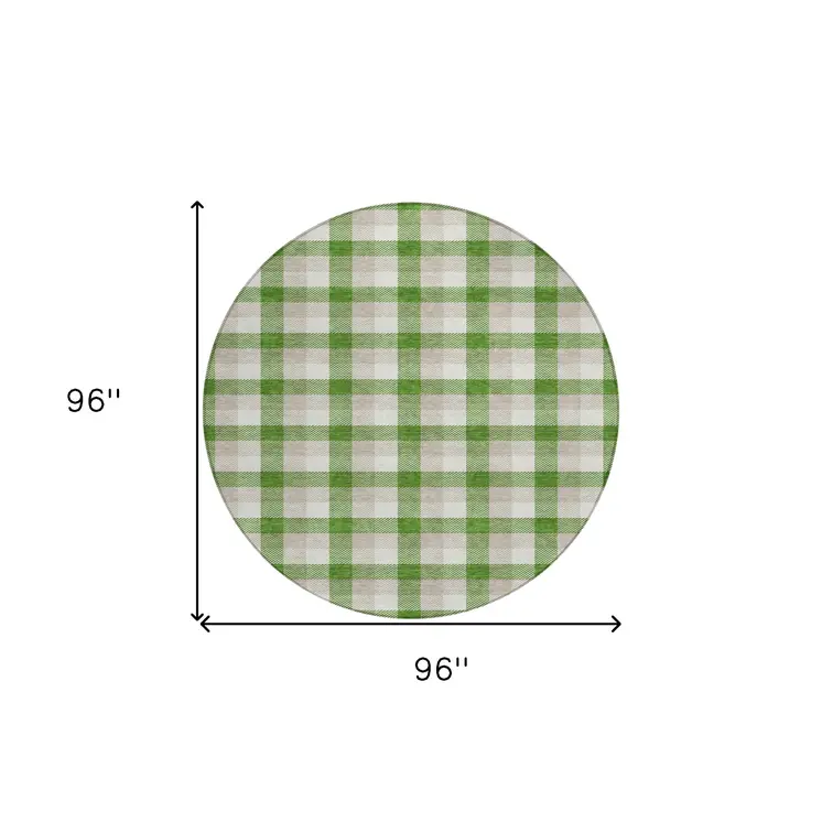 8' Emerald And Gray Round Plaid Washable Indoor Outdoor Area Rug