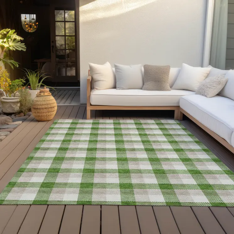 8' X 10' Emerald And Gray Plaid Washable Indoor Outdoor Area Rug