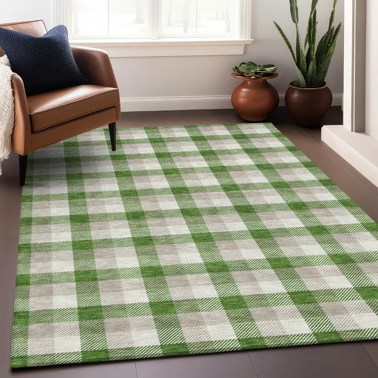 10' X 14' Emerald And Gray Plaid Washable Indoor Outdoor Area Rug