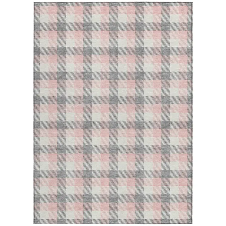 5' X 8' Granite Gray And Pink Plaid Washable Indoor Outdoor Area Rug