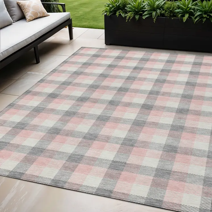 5' X 8' Granite Gray And Pink Plaid Washable Indoor Outdoor Area Rug