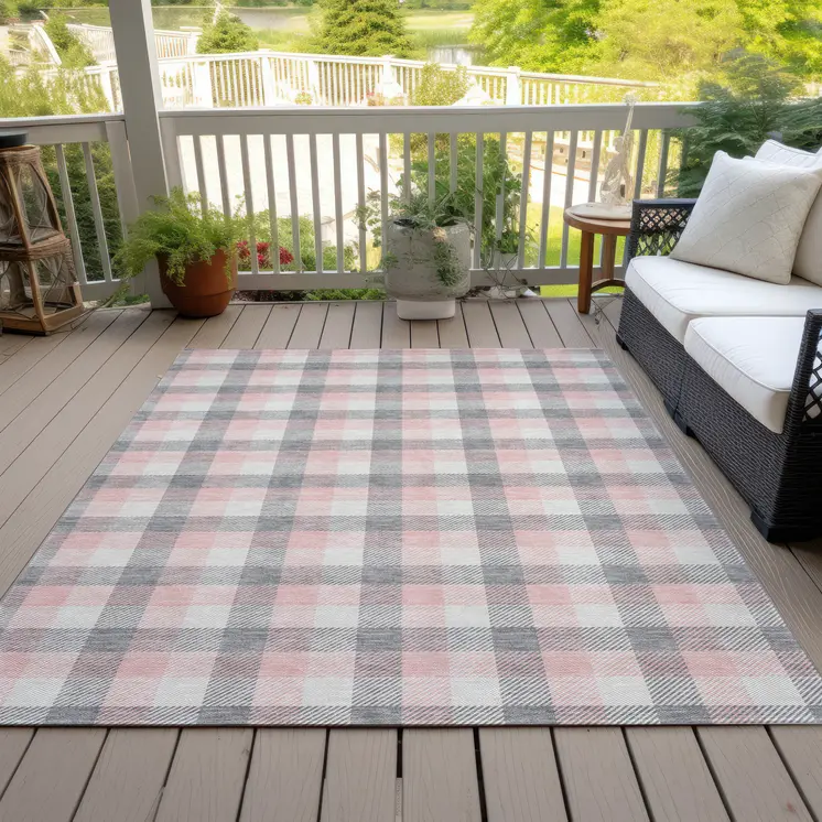 5' X 8' Granite Gray And Pink Plaid Washable Indoor Outdoor Area Rug