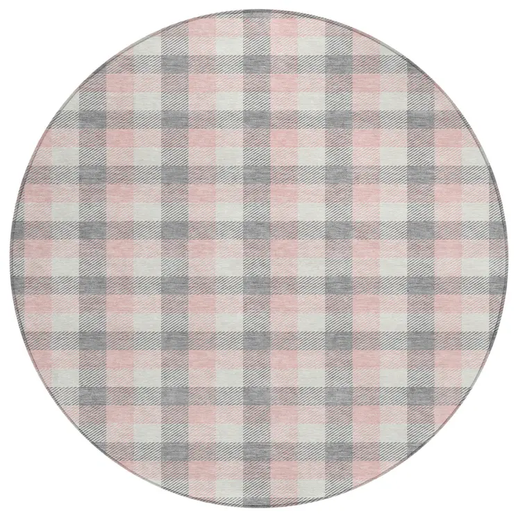 8' Granite Gray And Pink Round Plaid Washable Indoor Outdoor Area Rug