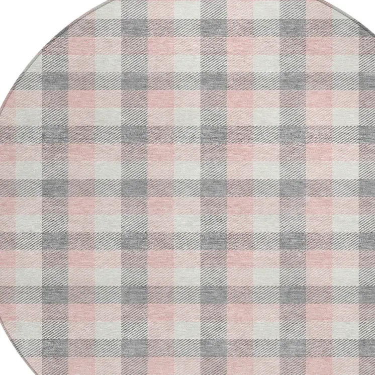 8' Granite Gray And Pink Round Plaid Washable Indoor Outdoor Area Rug