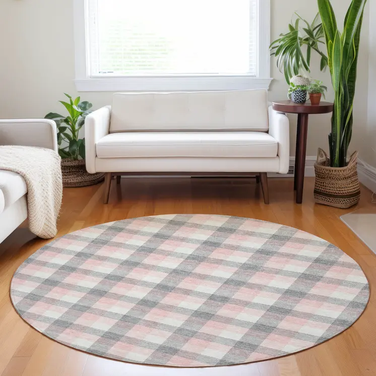 8' Granite Gray And Pink Round Plaid Washable Indoor Outdoor Area Rug
