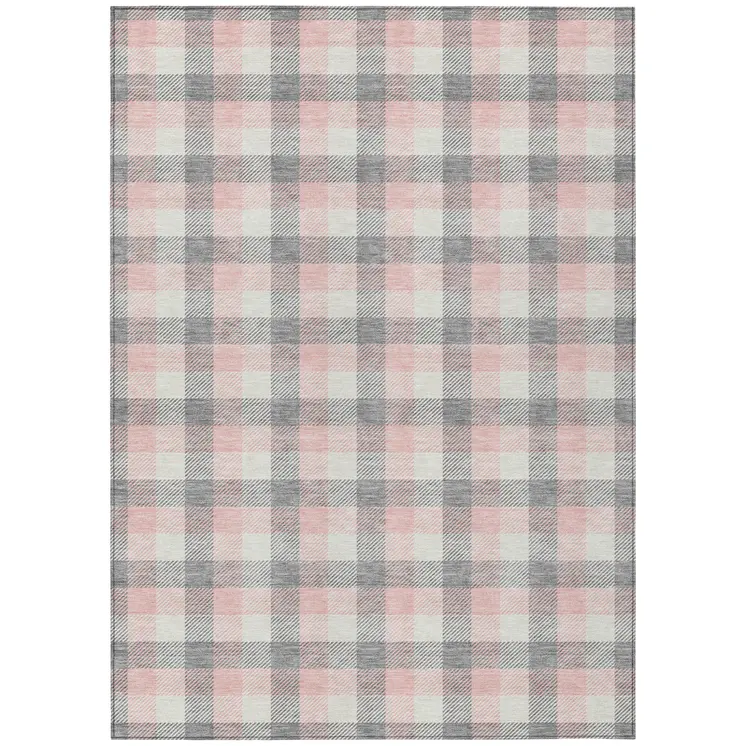 10' X 14' Granite Gray And Pink Plaid Washable Indoor Outdoor Area Rug