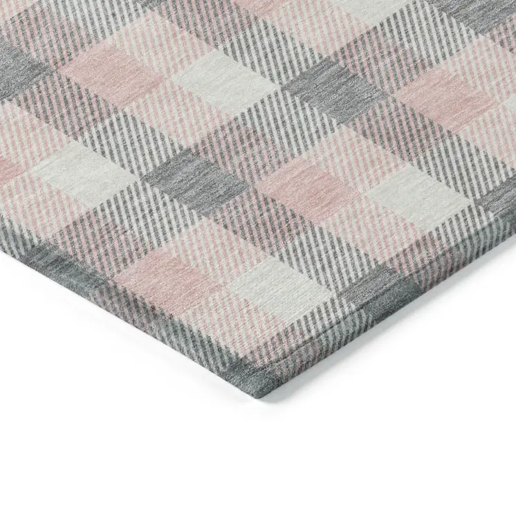 10' X 14' Granite Gray And Pink Plaid Washable Indoor Outdoor Area Rug