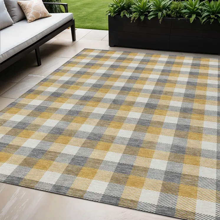 5' X 8' Gray Tan And Beige Plaid Washable Indoor Outdoor Area Rug
