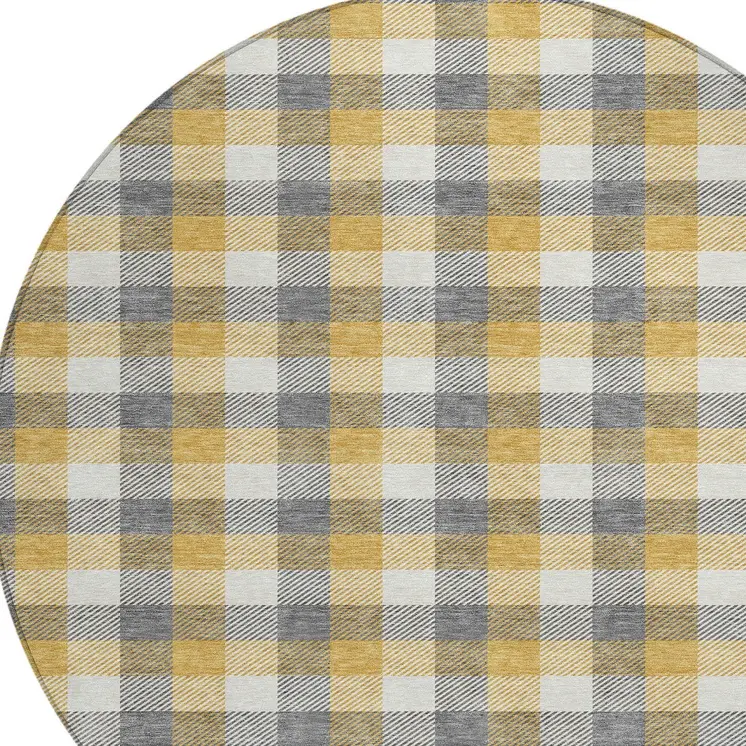 8' Gray Tan And Beige Round Plaid Washable Indoor Outdoor Area Rug