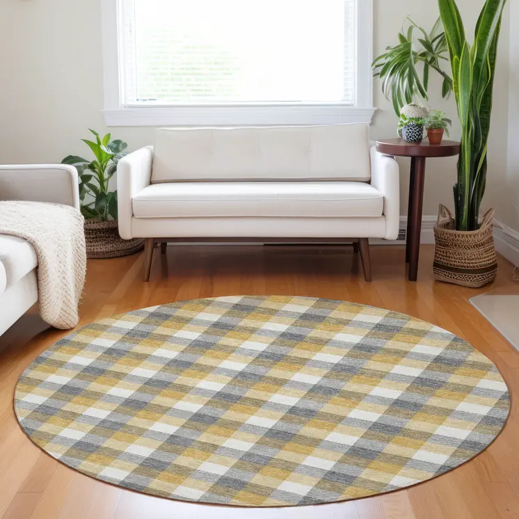 8' Gray Tan And Beige Round Plaid Washable Indoor Outdoor Area Rug