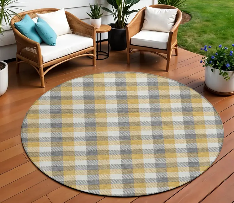 8' Gray Tan And Beige Round Plaid Washable Indoor Outdoor Area Rug
