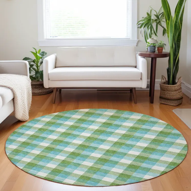 8' Lime Green Aqua And Beige Round Plaid Washable Indoor Outdoor Area Rug