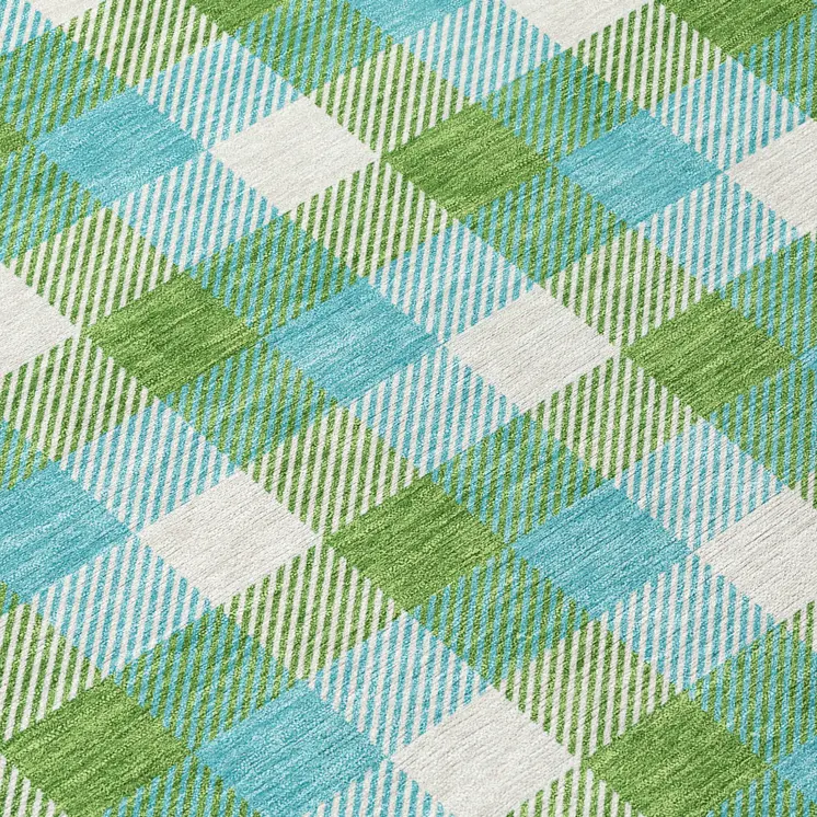 8' X 10' Lime Green Aqua And Beige Plaid Washable Indoor Outdoor Area Rug