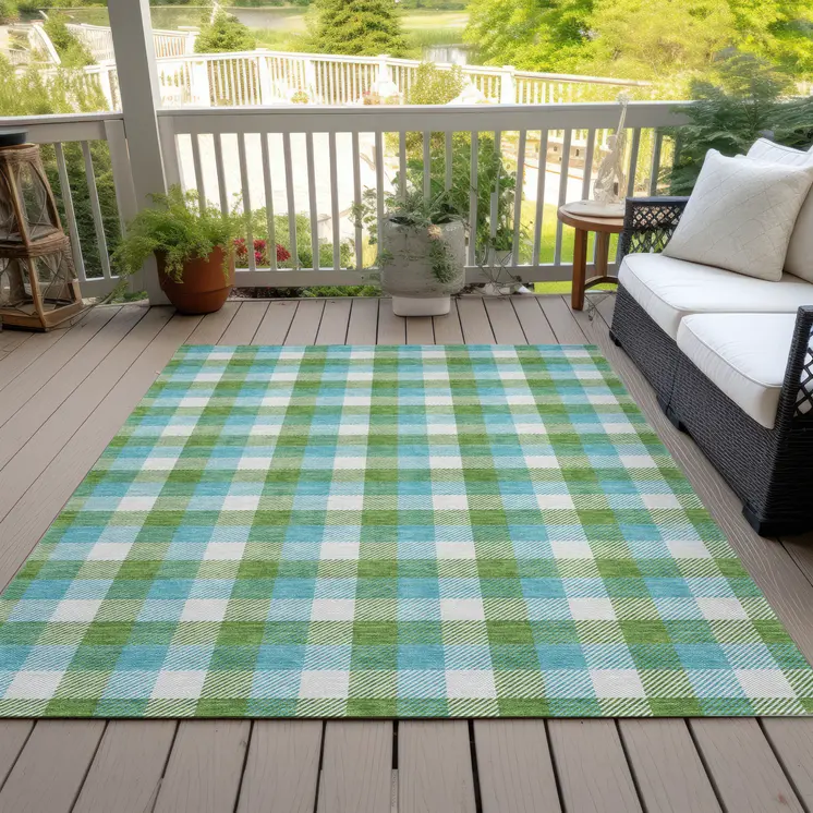 9' X 12' Lime Green Aqua And Beige Plaid Washable Indoor Outdoor Area Rug