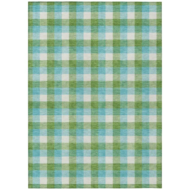 9' X 12' Lime Green Aqua And Beige Plaid Washable Indoor Outdoor Area Rug