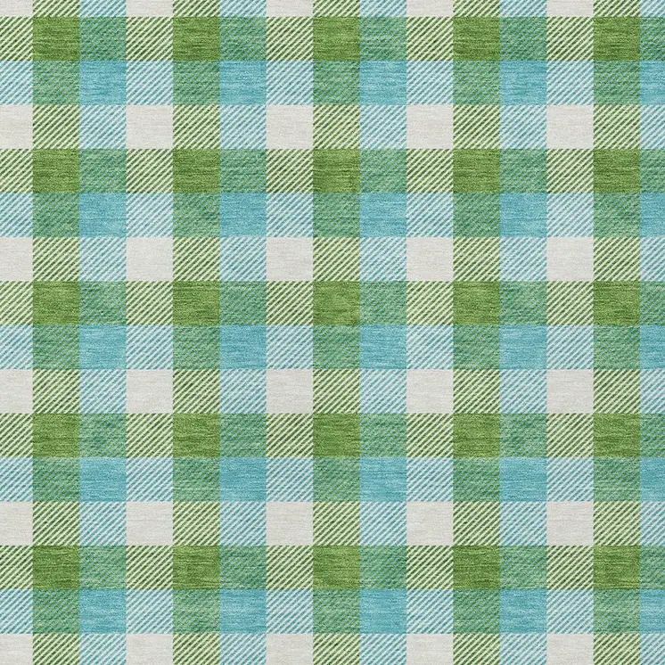 9' X 12' Lime Green Aqua And Beige Plaid Washable Indoor Outdoor Area Rug
