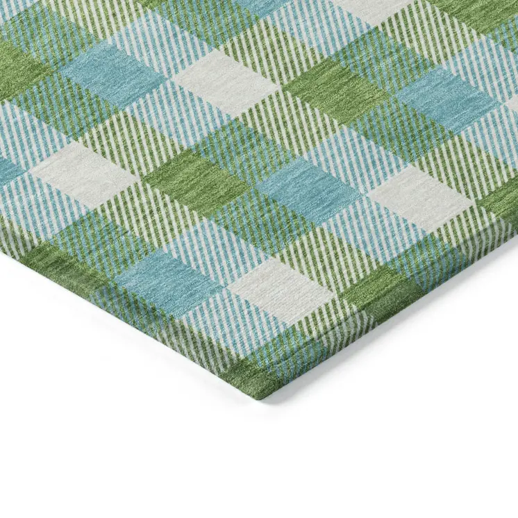 9' X 12' Lime Green Aqua And Beige Plaid Washable Indoor Outdoor Area Rug