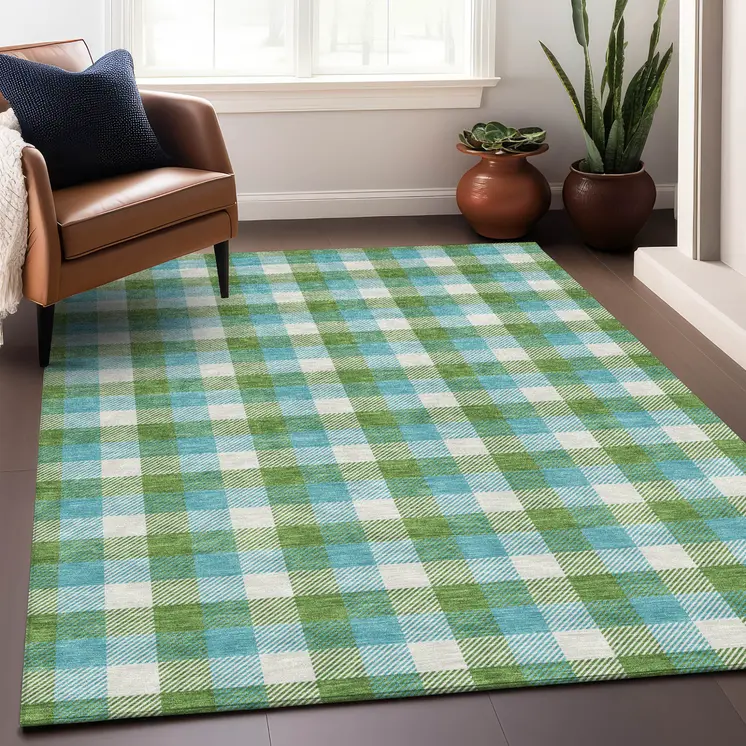 9' X 12' Lime Green Aqua And Beige Plaid Washable Indoor Outdoor Area Rug
