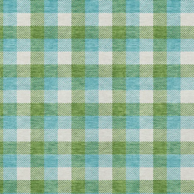 10' X 14' Lime Green Aqua And Beige Plaid Washable Indoor Outdoor Area Rug