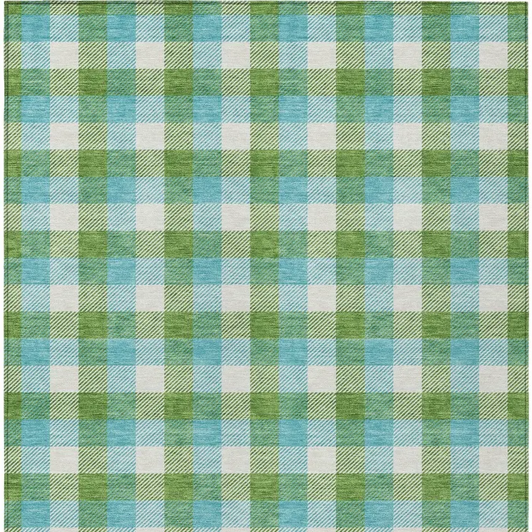 10' X 14' Lime Green Aqua And Beige Plaid Washable Indoor Outdoor Area Rug