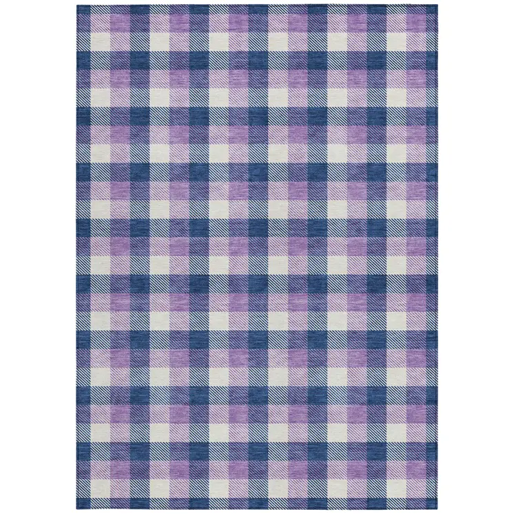 3' X 5' Navy Blue Purple And Beige Plaid Washable Indoor Outdoor Area Rug