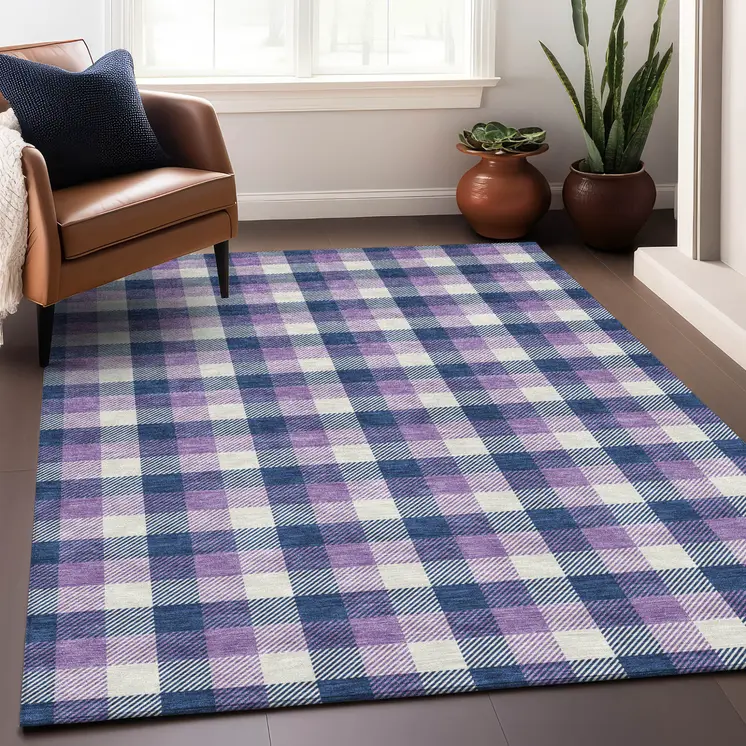 5' X 8' Navy Blue Purple And Beige Plaid Washable Indoor Outdoor Area Rug