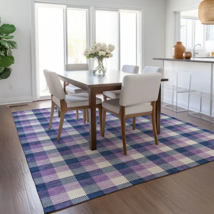 5' X 8' Navy Blue Purple And Beige Plaid Washable Indoor Outdoor Area Rug