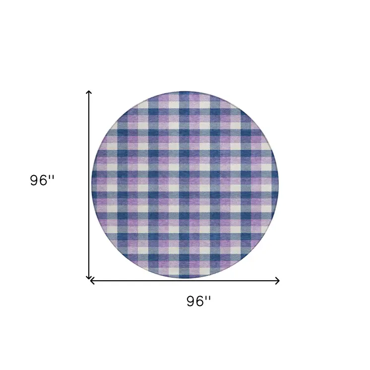 8' Navy Blue Purple And Beige Round Plaid Washable Indoor Outdoor Area Rug