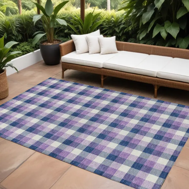 10' X 14' Navy Blue Purple And Beige Plaid Washable Indoor Outdoor Area Rug