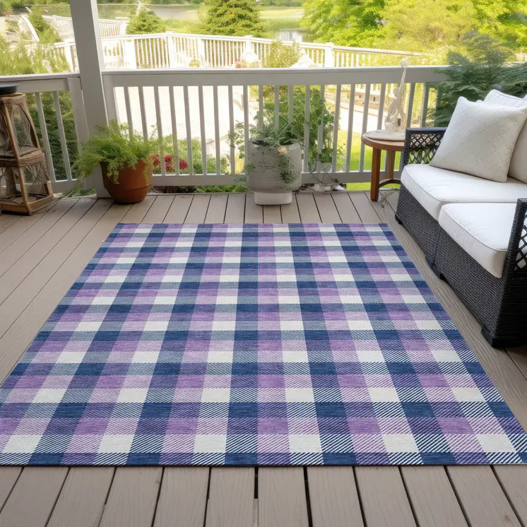 10' X 14' Navy Blue Purple And Beige Plaid Washable Indoor Outdoor Area Rug