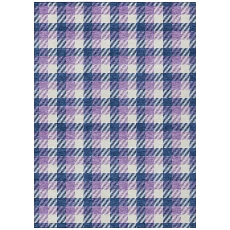 10' X 14' Navy Blue Purple And Beige Plaid Washable Indoor Outdoor Area Rug