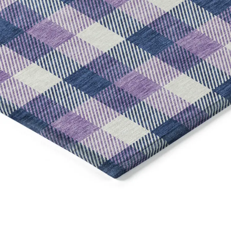 10' X 14' Navy Blue Purple And Beige Plaid Washable Indoor Outdoor Area Rug