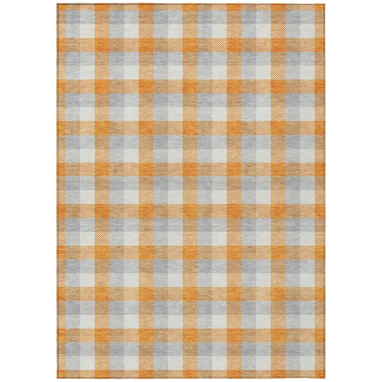 3' X 5' Orange Gray And Beige Plaid Washable Indoor Outdoor Area Rug
