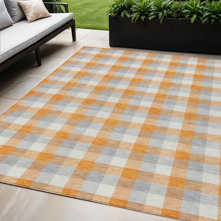 5' X 8' Orange Gray And Beige Plaid Washable Indoor Outdoor Area Rug