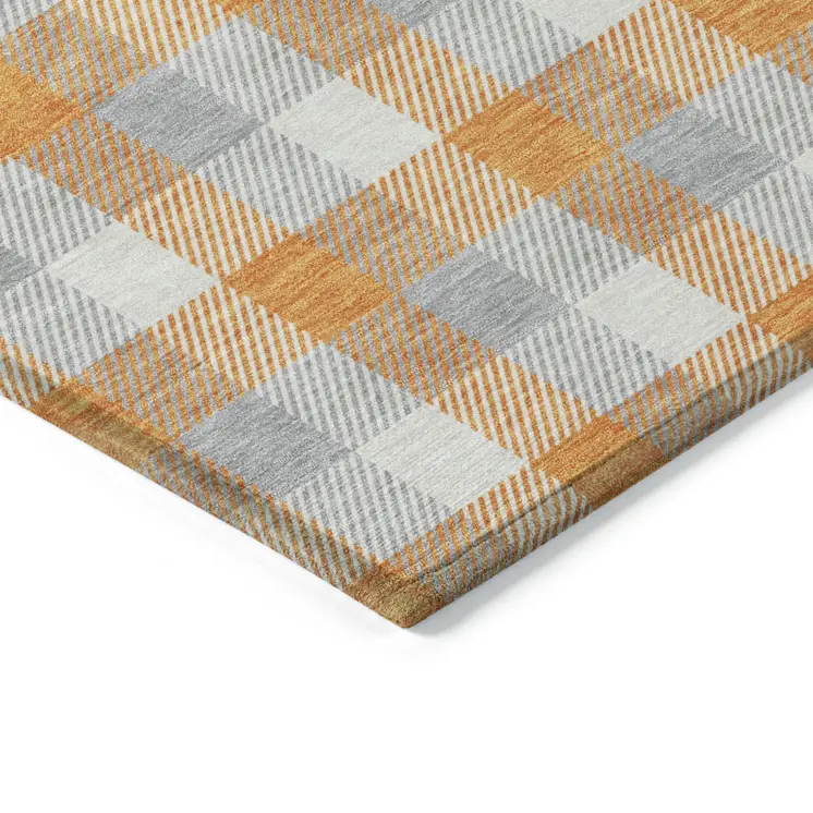 8' Orange Gray And Beige Round Plaid Washable Indoor Outdoor Area Rug