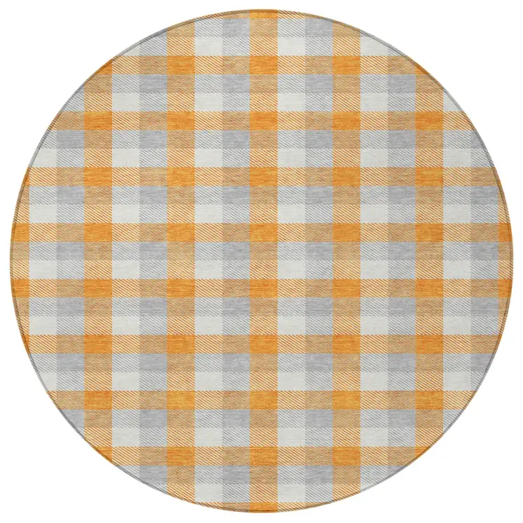 8' Orange Gray And Beige Round Plaid Washable Indoor Outdoor Area Rug