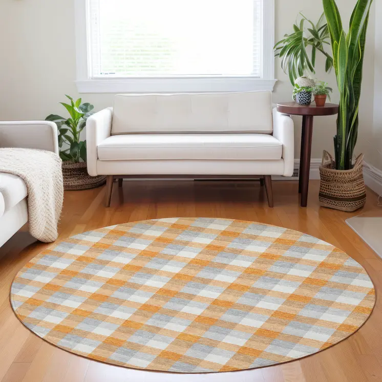 8' Orange Gray And Beige Round Plaid Washable Indoor Outdoor Area Rug