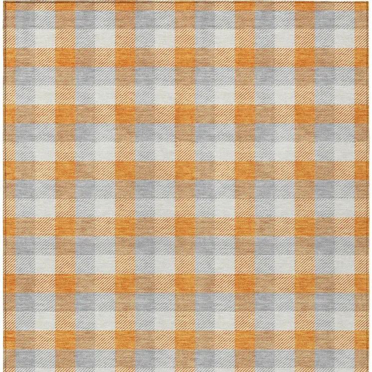 10' X 14' Orange Gray And Beige Plaid Washable Indoor Outdoor Area Rug