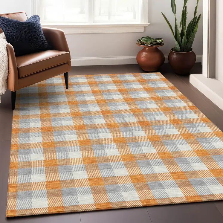 10' X 14' Orange Gray And Beige Plaid Washable Indoor Outdoor Area Rug