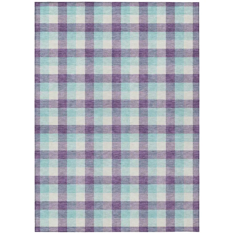 5' X 8' Purple Aqua And Beige Plaid Washable Indoor Outdoor Area Rug