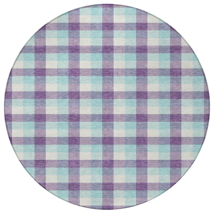 8' Purple Aqua And Beige Round Plaid Washable Indoor Outdoor Area Rug