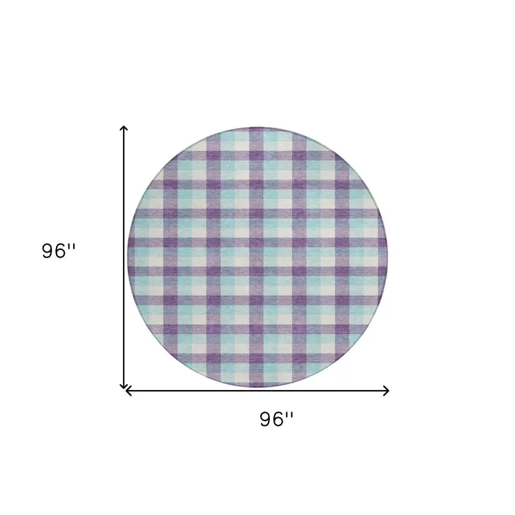 8' Purple Aqua And Beige Round Plaid Washable Indoor Outdoor Area Rug