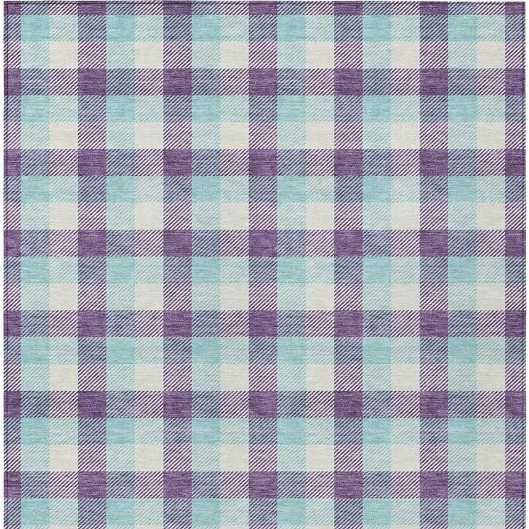 8' X 10' Purple Aqua And Beige Plaid Washable Indoor Outdoor Area Rug