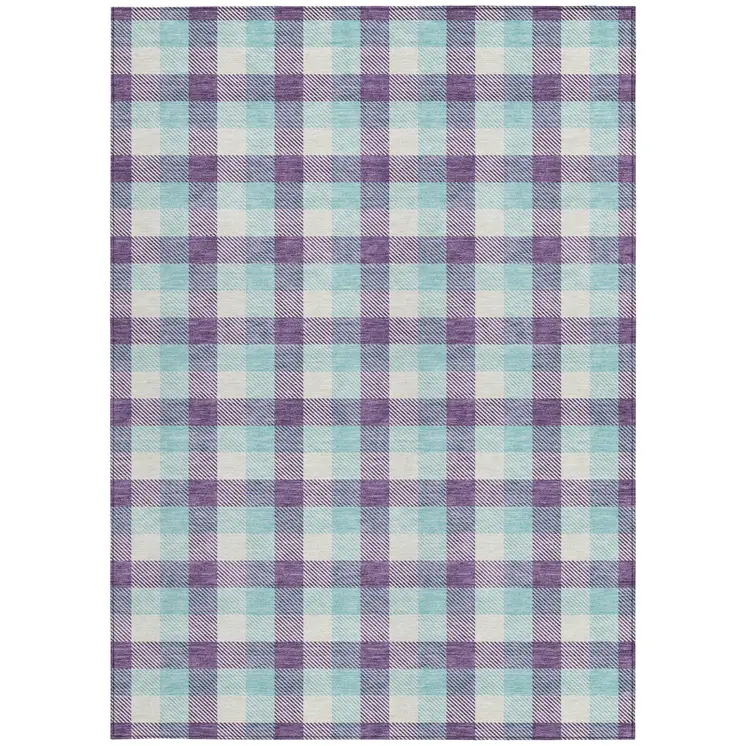 8' X 10' Purple Aqua And Beige Plaid Washable Indoor Outdoor Area Rug