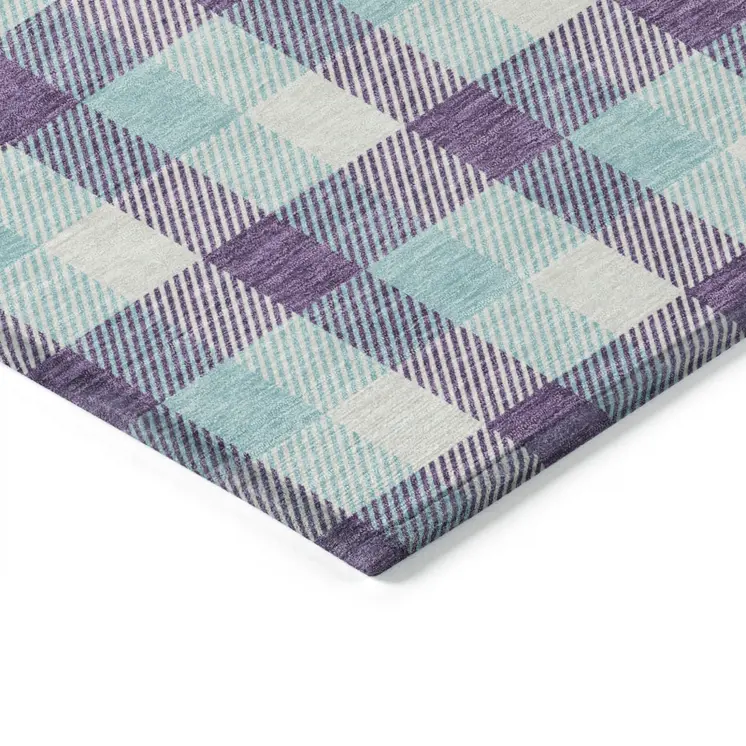 9' X 12' Purple Aqua And Beige Plaid Washable Indoor Outdoor Area Rug