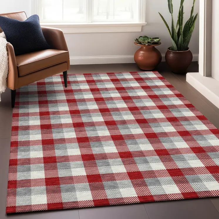 3' X 5' Red Gray And Beige Plaid Washable Indoor Outdoor Area Rug