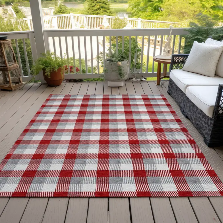 5' X 8' Red Gray And Beige Plaid Washable Indoor Outdoor Area Rug